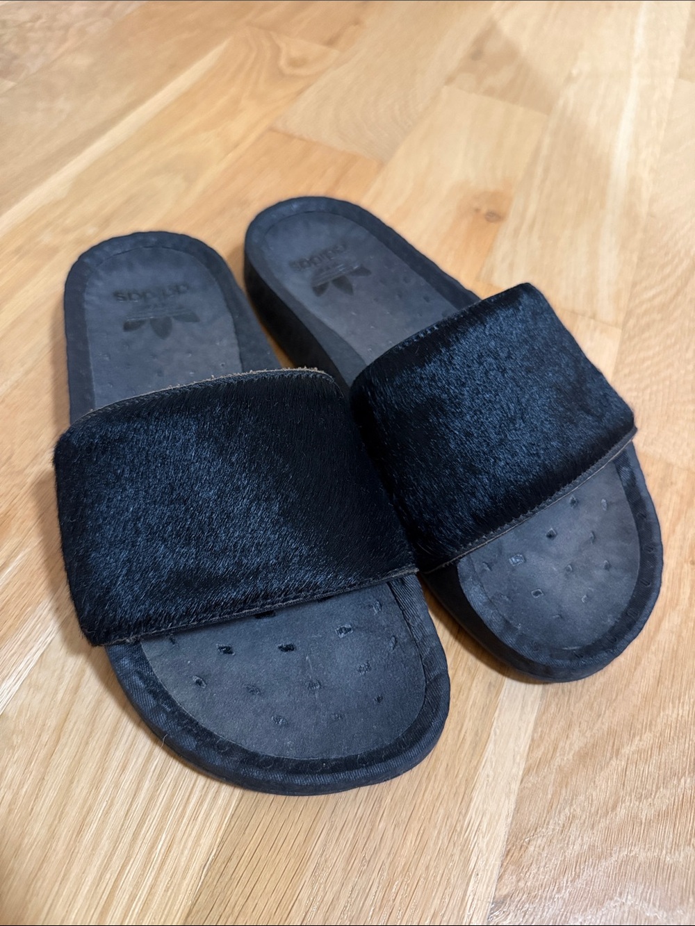 Adidas Calf Hair Leather Boost Slides M7/W8.5